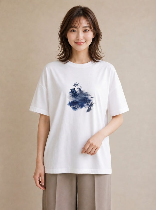 デザインTシャツ レディース 雨上がりの小道 雨上がり 小道 ナチュラル アンティーク イラスト 水彩風 カフェ服 クリスマス 白T