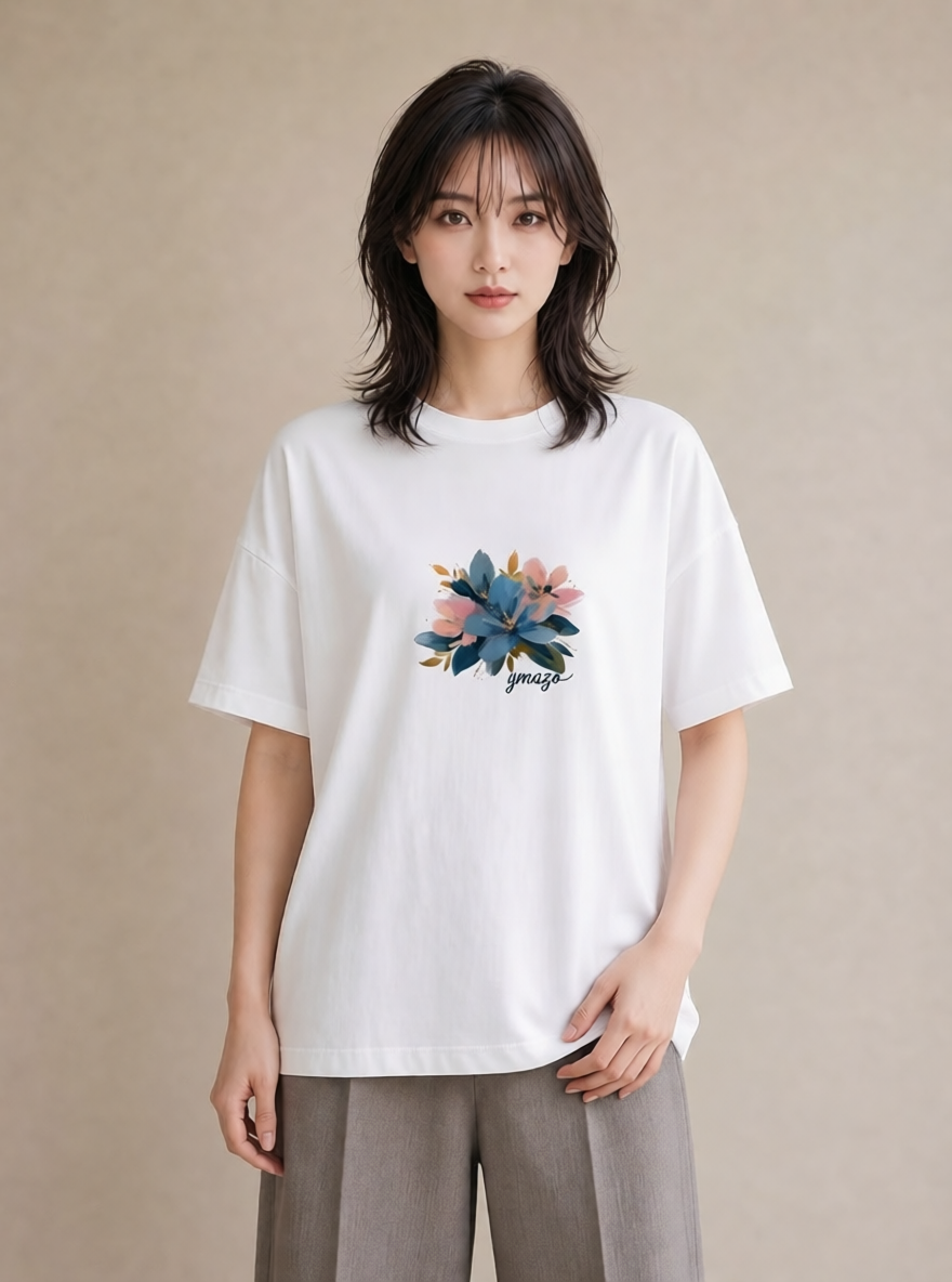 グラフィックTシャツ レディース 花 花柄 イラスト きれいめ 自分用 ルームウェア 白T