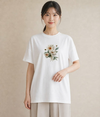 半袖Tシャツ レディース マーガレット 花 花柄 イラスト アート風 旅行 母娘コーデ 白T