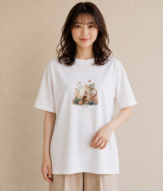 プリントTシャツ レディース 灯りの家 小屋 夜 ナチュラル アンティーク イラスト 個性的 帰省 ラフ 白T