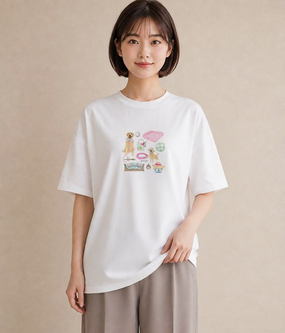 半袖Tシャツ レディース ゴールデンレトリバー ゴールデン 犬 いぬ イラスト 可愛い 母娘コーデ 自分用 白T