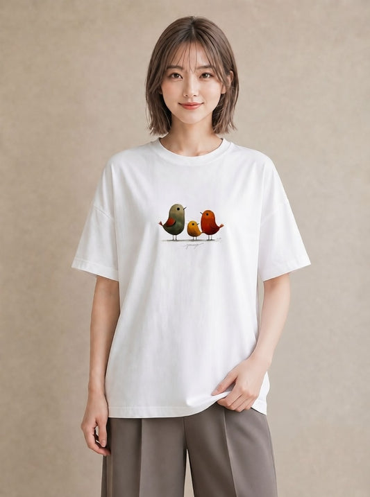 Tシャツ レディース 遠い家と鳥 風景 鳥 ナチュラル アンティーク イラスト シック 公園 ママ 白T