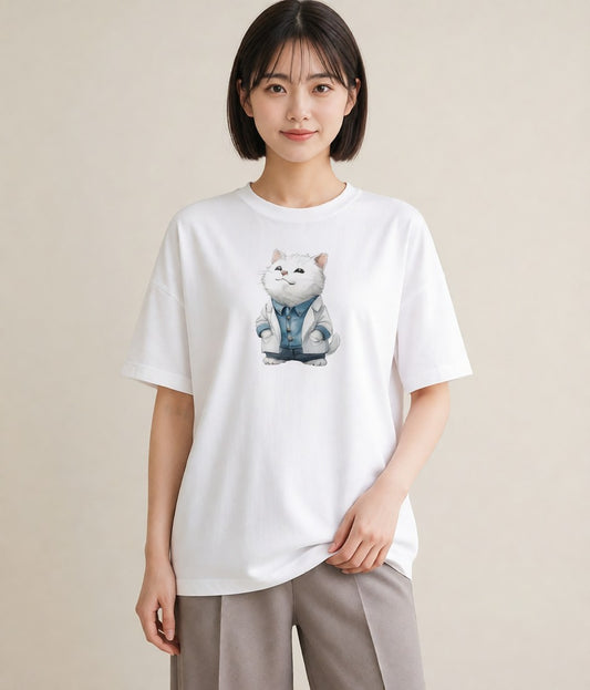 半袖Tシャツ レディース ペルシャ 猫 ねこ イラスト 抜け感 敬老の日 ホワイトデー 白T