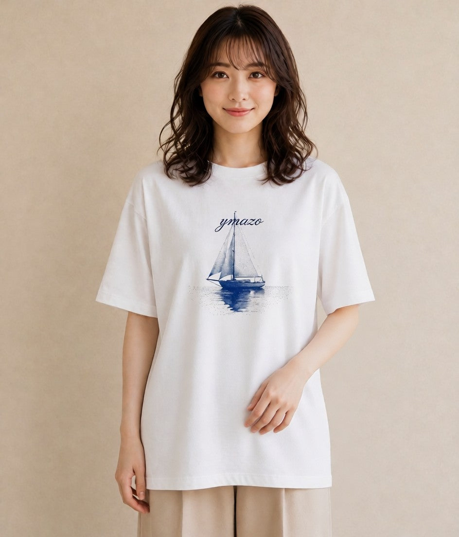 プリントTシャツ レディース 紙の船 水辺 ナチュラル アンティーク イラスト レトロ ギフト 母の日 白T