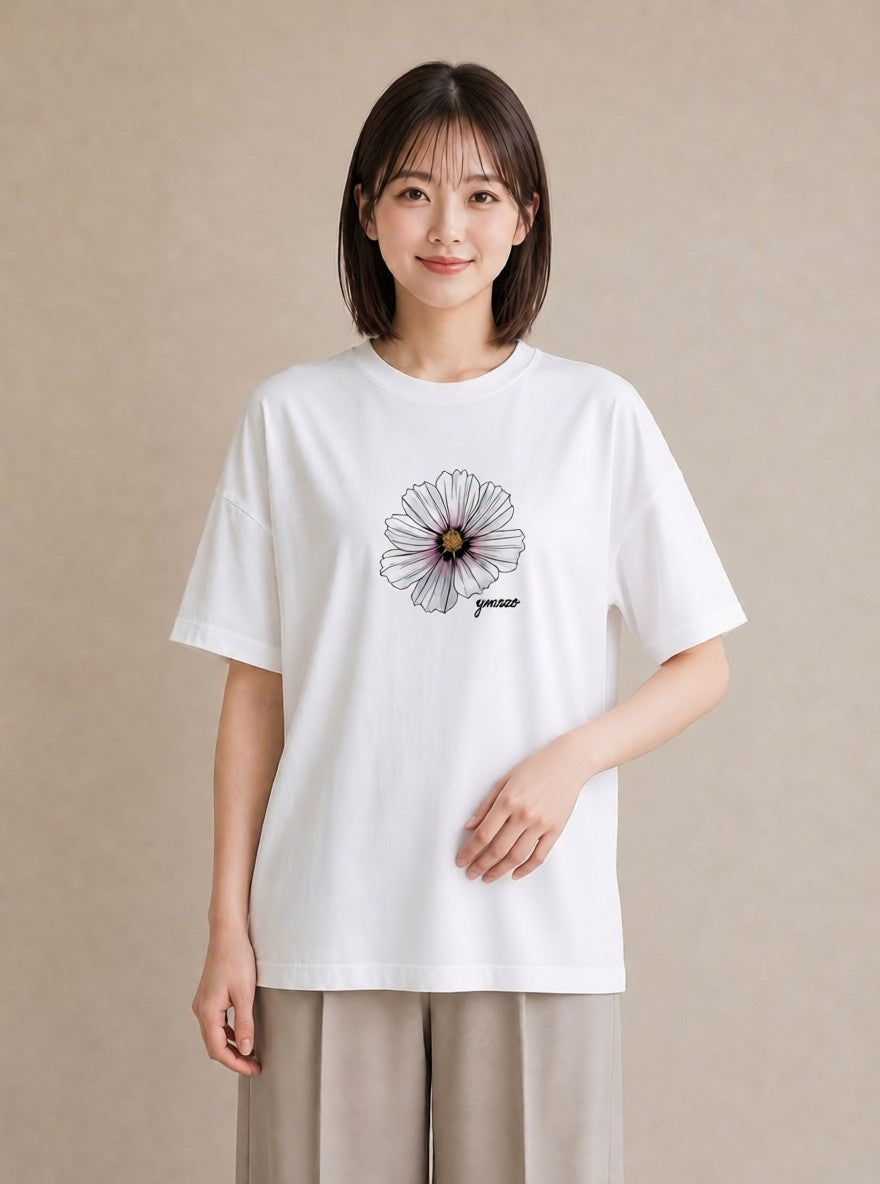 半袖Tシャツ レディース デイジー 花 花柄 イラスト ミニマル 海 カフェ巡り 白T