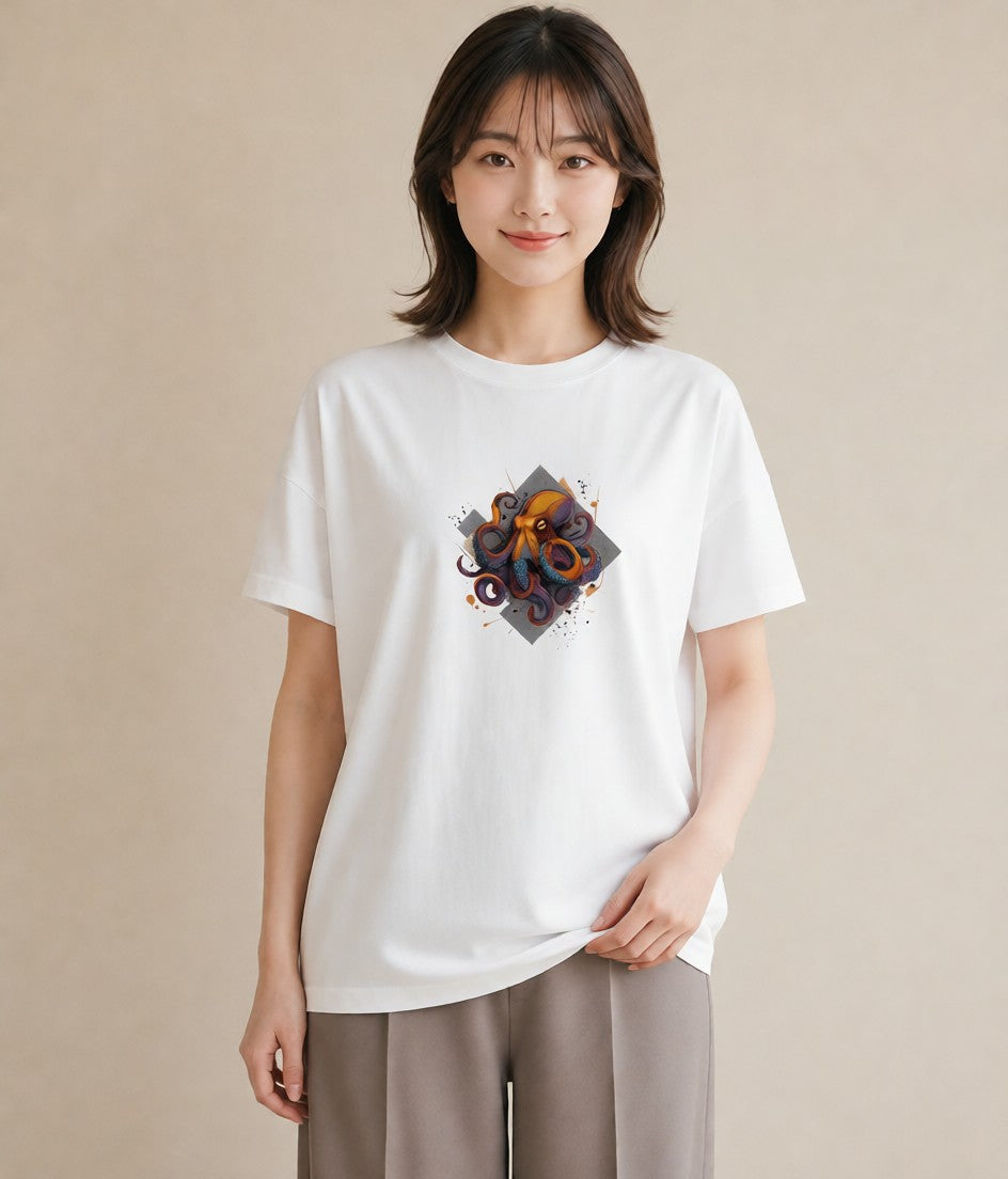 デザインTシャツ レディース イカ 海の生き物 海 イラスト シック カフェ巡り 女子会 白T