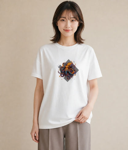 デザインTシャツ レディース イカ 海の生き物 海 イラスト シック カフェ巡り 女子会 白T