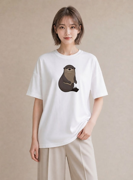 プリントTシャツ レディース カワウソ 動物 アニマル イラスト フェミニン 綿100 デート 白T