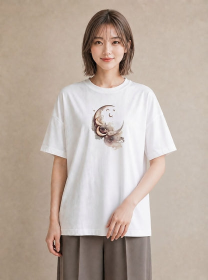 プリントTシャツ レディース 満月 星空 宇宙 イラスト ゆるかわ レイヤード 友達ギフト 白T