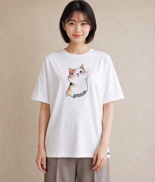 プリントTシャツ レディース 白猫 猫 ねこ イラスト ゆるコーデ 海 カフェ巡り 白T