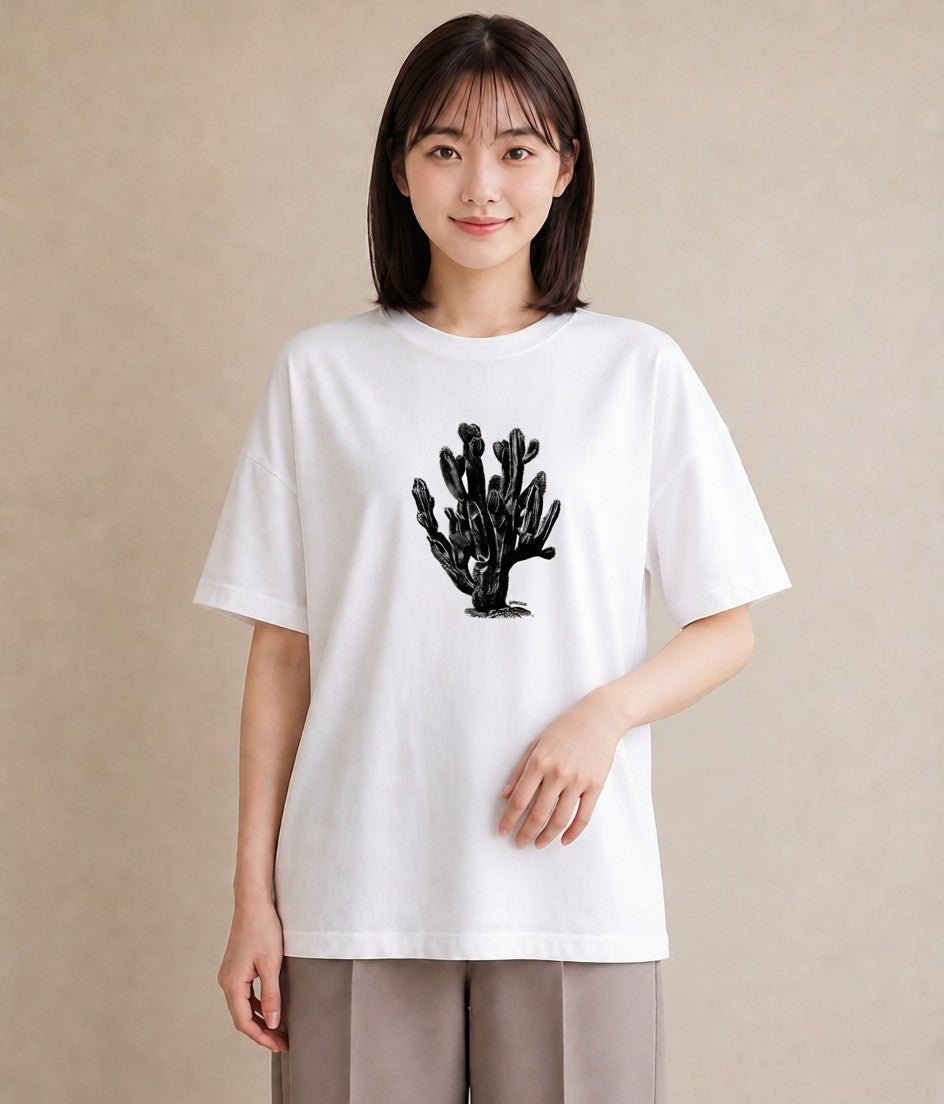 デザインTシャツ レディース サボテン 植物 ボタニカル イラスト 抜け感 綿100 デート 白T