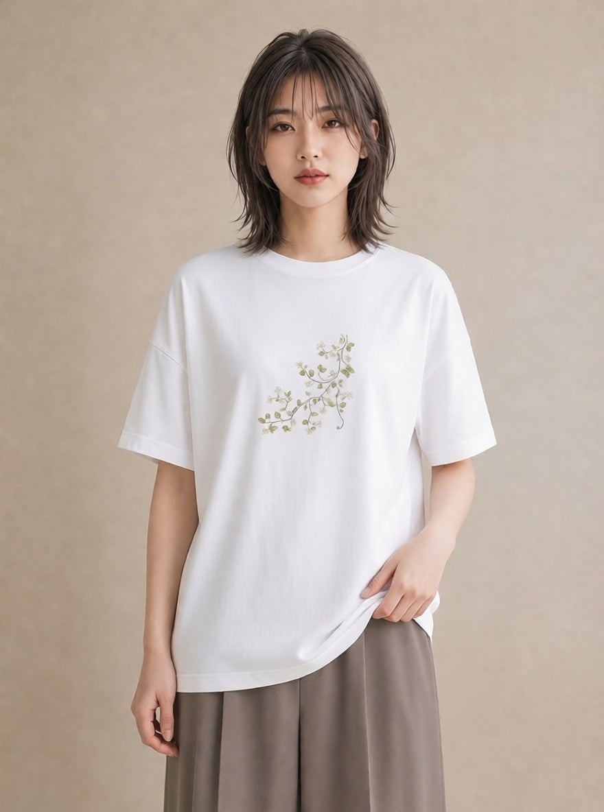 プリントTシャツ レディース つる 植物 ボタニカル イラスト 線画 散歩 お出かけ 白T