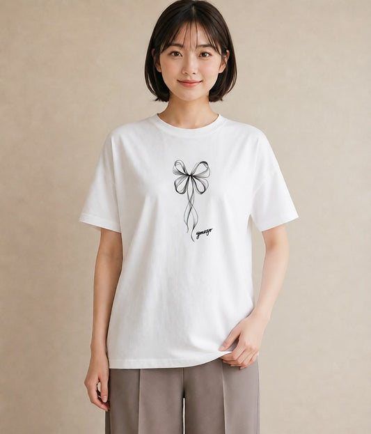 Tシャツ レディース リボン ボウ りぼん イラスト 普段使い デート 帰省 白T
