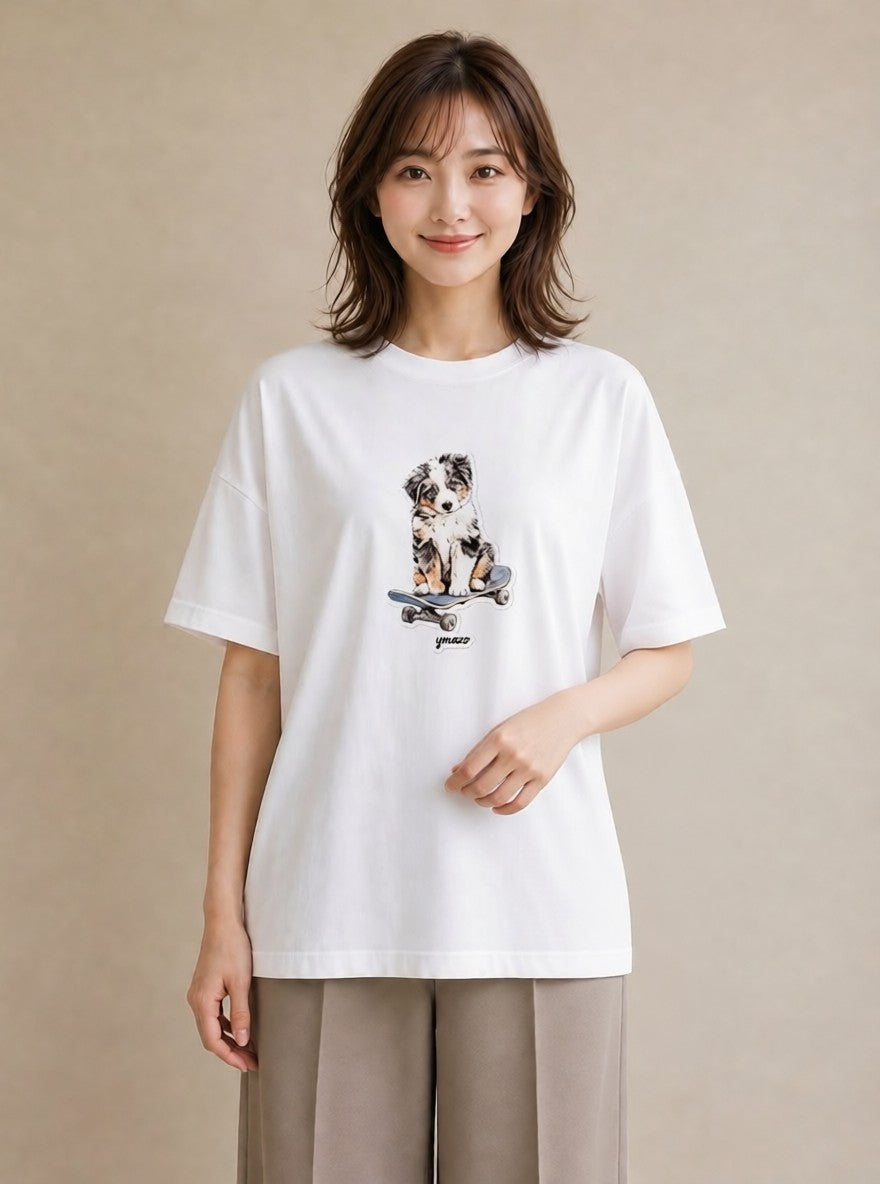 プリントTシャツ レディース ボーダーコリー 犬 いぬ イラスト ヴィンテージ風 公園 ママ 白T