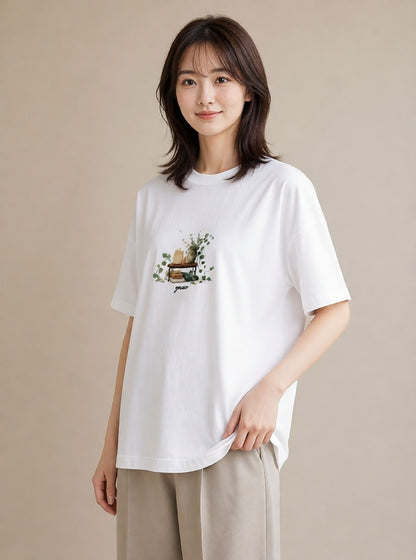Tシャツ レディース 駅のホーム ローカル線 駅 ナチュラル アンティーク イラスト レトロ デイリーウェア 休日 白T