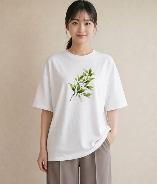 半袖Tシャツ レディース 新緑 植物 ボタニカル イラスト 上品 ペアコーデ 秋コーデ 白T
