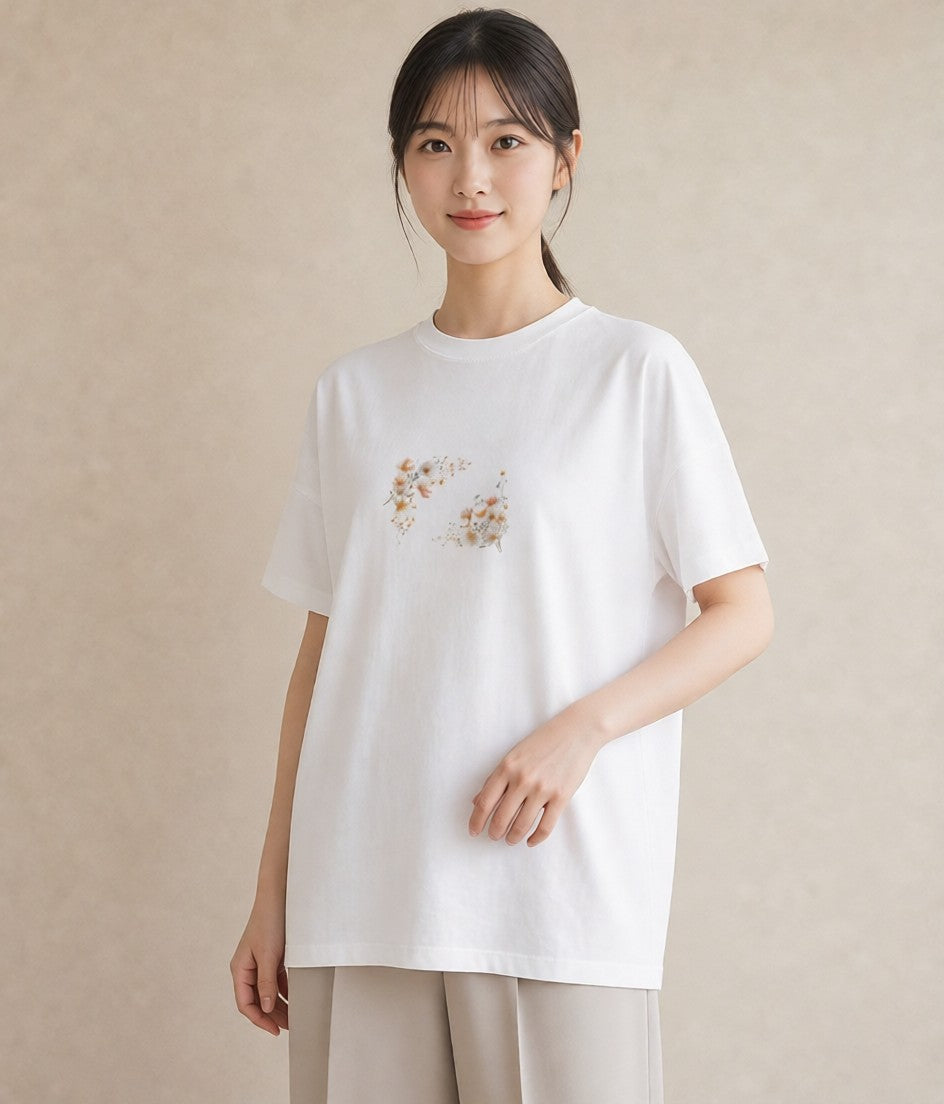 プリントTシャツ レディース コスモス 秋桜 花 花柄 イラスト モード 夏コーデ 通学 白T