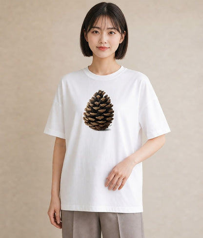 半袖Tシャツ レディース 松ぼっくり 植物 ボタニカル イラスト フェミニン ママ カフェ服 白T