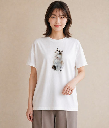 グラフィックTシャツ レディース メインクーン 猫 ねこ イラスト ガーリー 誕生日プレゼント 綿100 白T