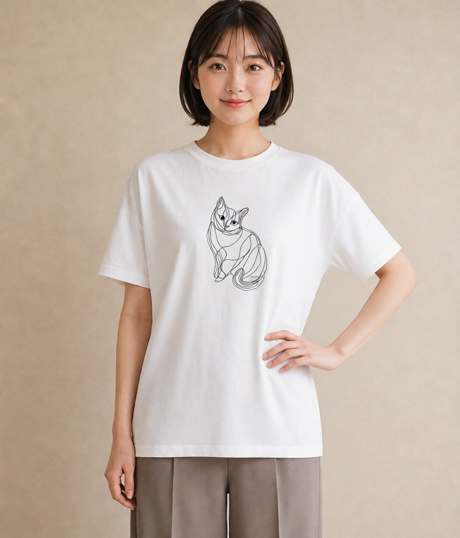 グラフィックTシャツ レディース 猫 ねこ ネコ イラスト 線画 散歩 お出かけ 白T