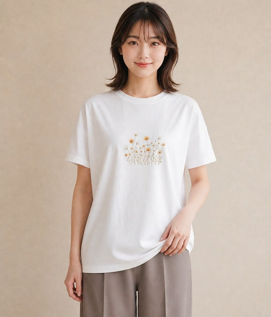 半袖Tシャツ レディース デイジー 花 花柄 イラスト ラフ レイヤード 白T