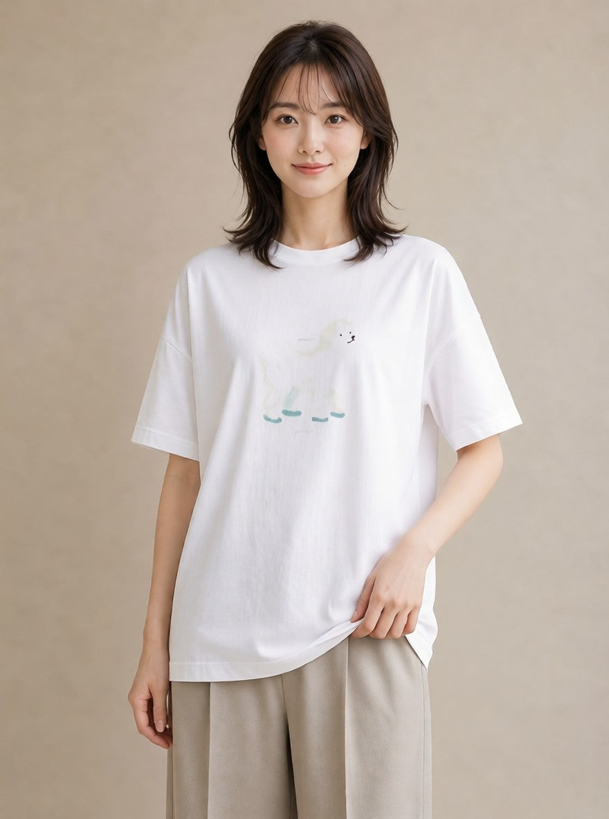 デザインTシャツ レディース ビションフリーゼ 犬 いぬ イラスト ガーリー 休日 ペアコーデ 白T