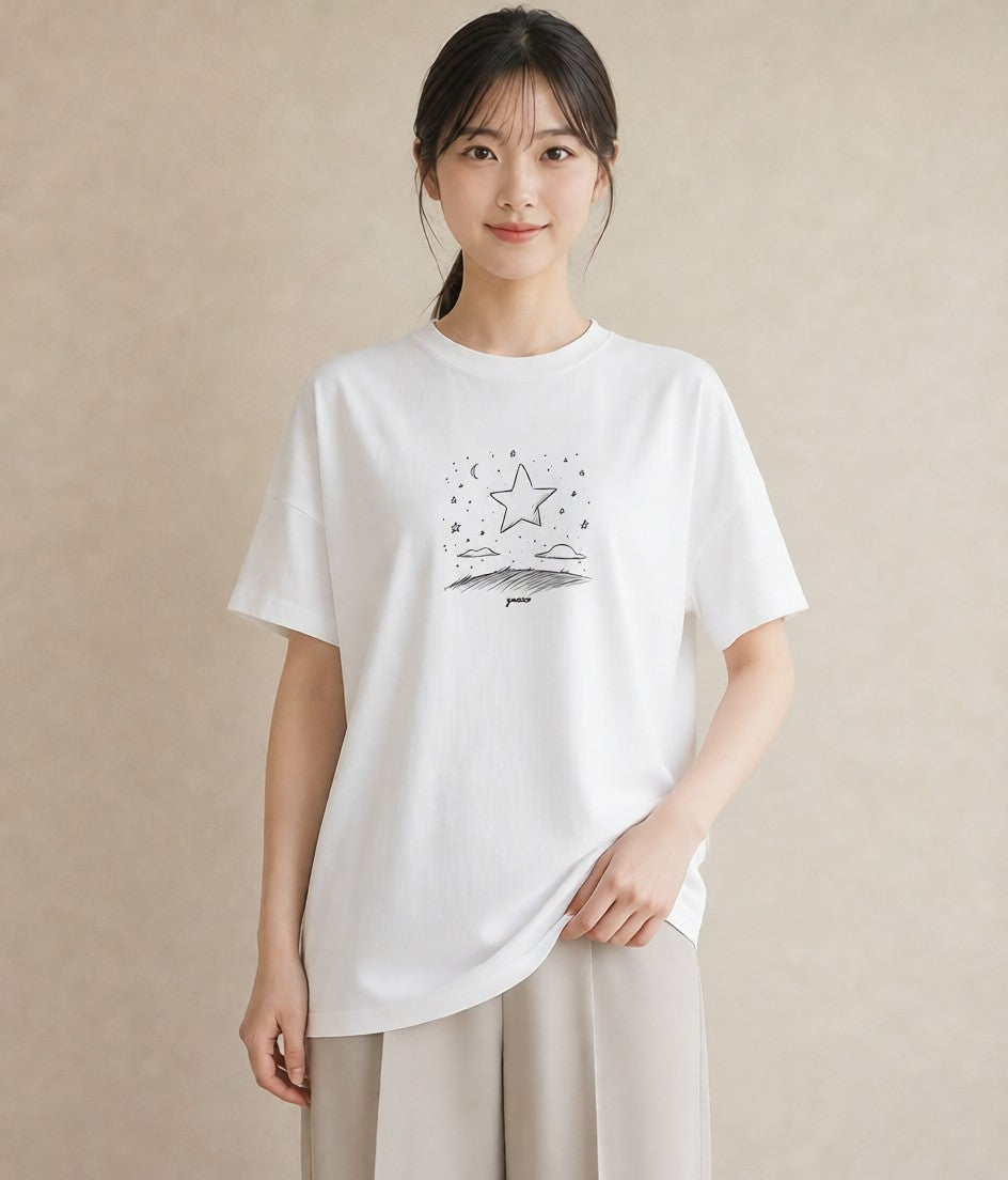半袖Tシャツ レディース 月と星 星空 ムーン イラスト アート風 レイヤード 友達ギフト 白T
