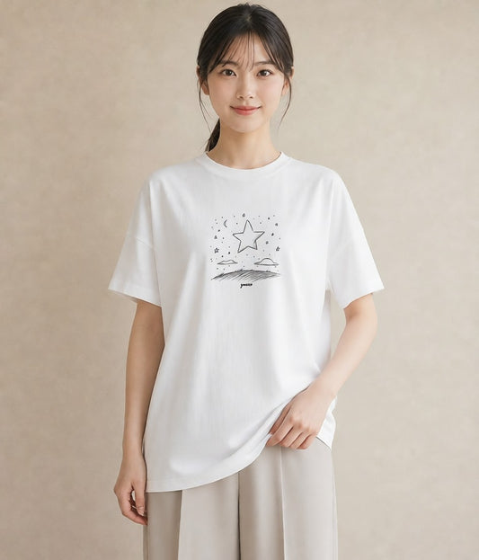 半袖Tシャツ レディース 月と星 星空 ムーン イラスト アート風 レイヤード 友達ギフト 白T