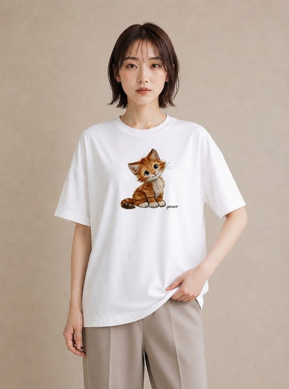 デザインTシャツ レディース 茶トラ 茶猫 猫 ねこ イラスト 北欧風 旅行用 海 白T