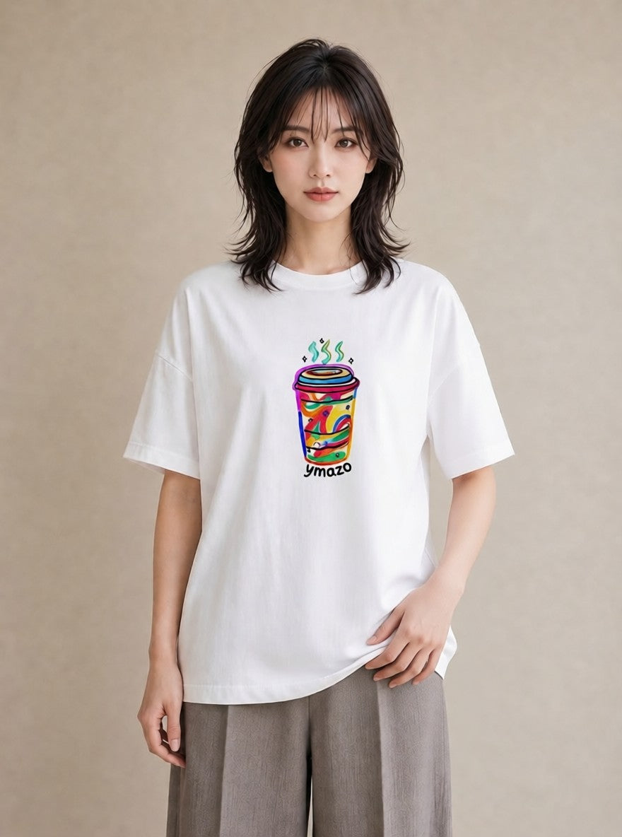 デザインTシャツ レディース カフェオレ 食べ物 フード イラスト カフェコーデ 週末コーデ 敬老の日 白T