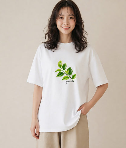 デザインTシャツ レディース 新緑 植物 ボタニカル イラスト シンプル 女性向けギフト 散歩 白T