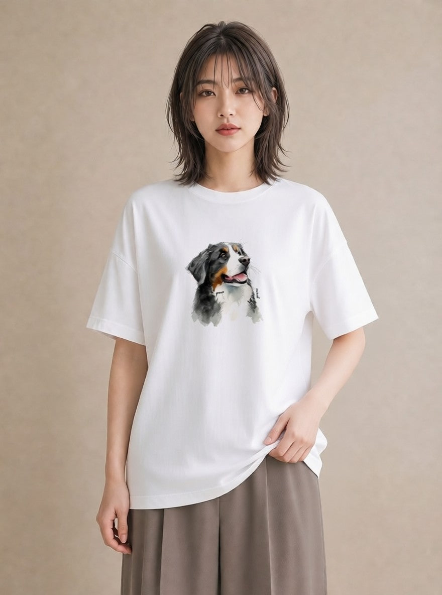 デザインTシャツ レディース バーニーズマウンテンドッグ 犬 いぬ イラスト 北欧風 ミセス 春コーデ 白T