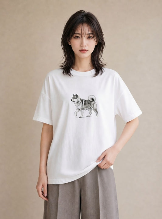 半袖Tシャツ レディース 秋田犬 犬 いぬ イラスト 韓国風 散歩 お出かけ 白T