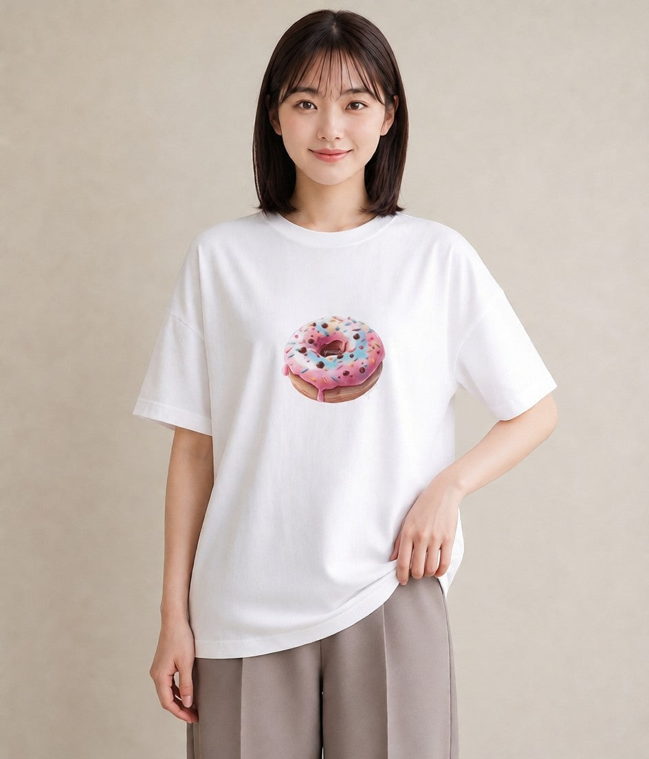 グラフィックTシャツ レディース ベーグル 食べ物 フード イラスト お洒落 カジュアルコーデ 買い物 白T