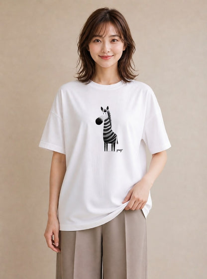 半袖Tシャツ レディース しまうま 動物 アニマル イラスト 個性的 春服 ミセス 白T