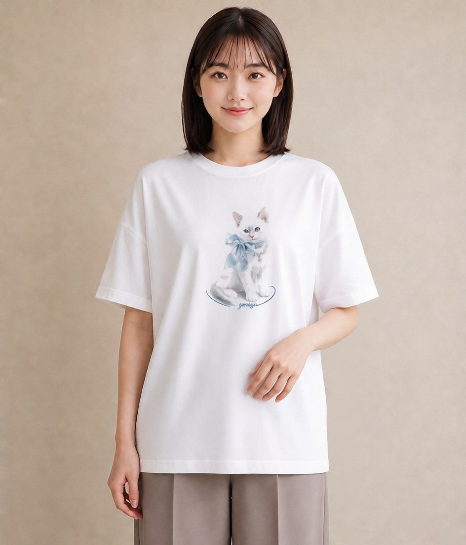 半袖Tシャツ レディース 猫 ねこ イラスト ラフ 自分用 ルームウェア 白T