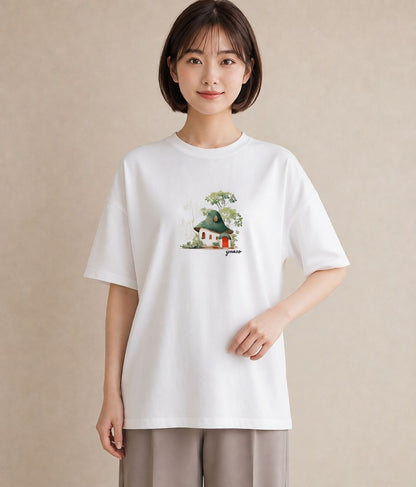 デザインTシャツ レディース 湖畔の小屋 湖 小屋 ナチュラル アンティーク イラスト ガーリー 海 カフェ巡り 白T