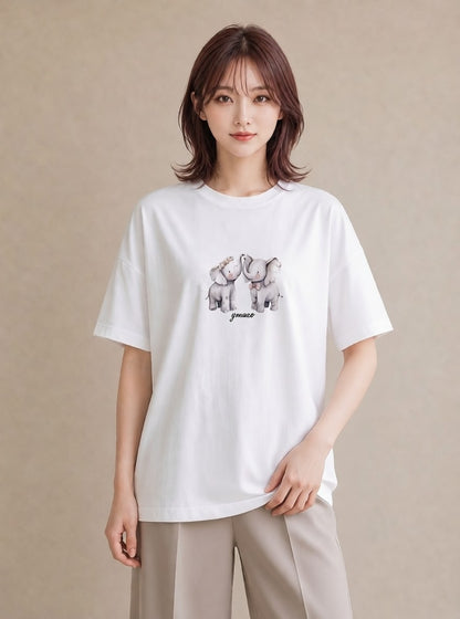 プリントTシャツ レディース ぞう 動物 アニマル イラスト ゆるかわ カフェ巡り 女子会 白T