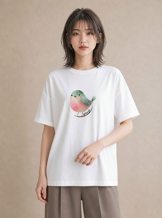 Tシャツ レディース ボタンインコ ペット 動物 イラスト 普段使い ママ カフェ服 白T