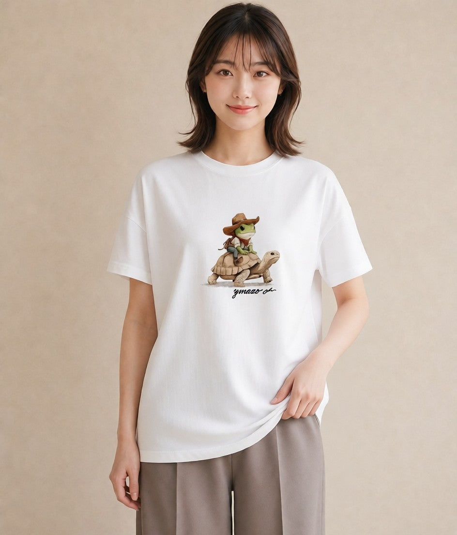 Tシャツ レディース ゼニガメ ペット 動物 イラスト フェミニン 夏コーデ 通学 白T