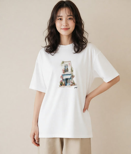 半袖Tシャツ レディース 自転車のかご 自転車 花かご ナチュラル アンティーク イラスト 抜け感 週末コーデ 敬老の日 白T