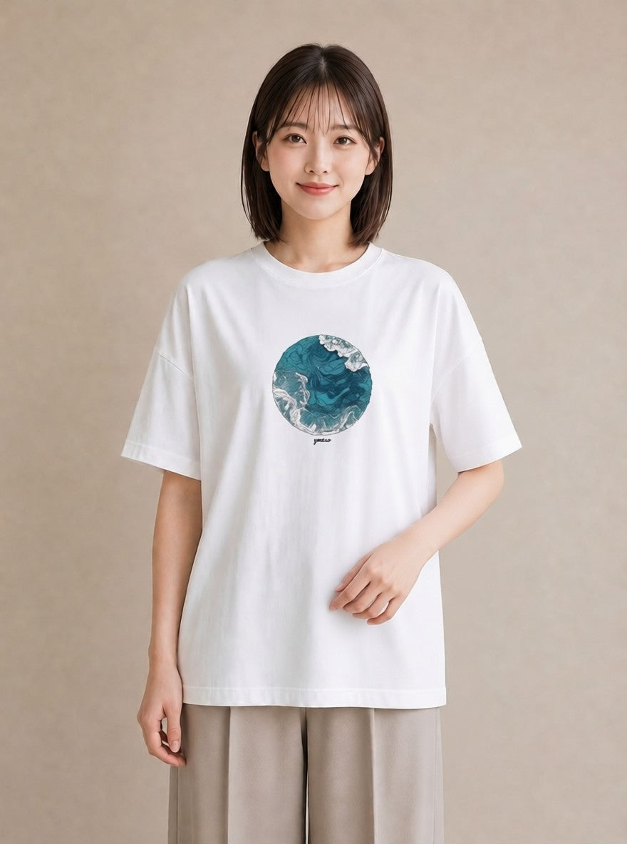 デザインTシャツ レディース 波 星空 宇宙 イラスト きれいめカジュアル 女性 旅行用 白T