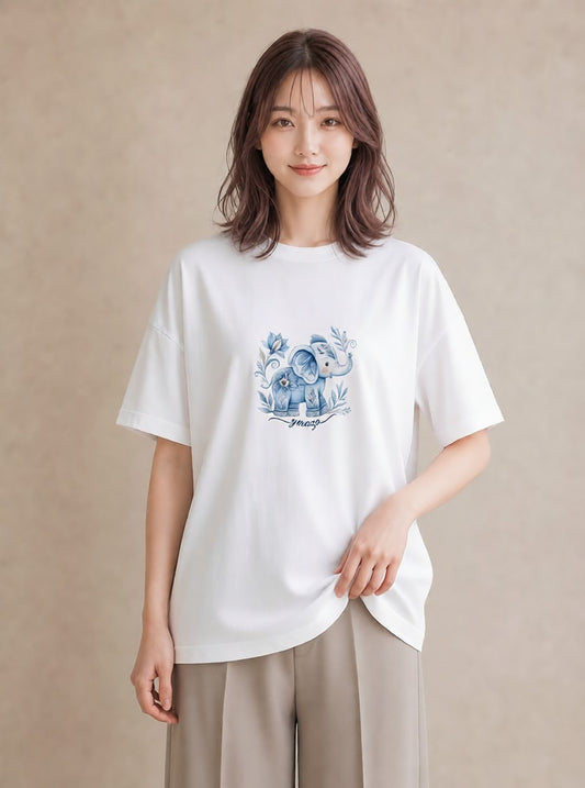 半袖Tシャツ レディース ぞう 動物 アニマル イラスト ヴィンテージ風 夏コーデ 通学 白T
