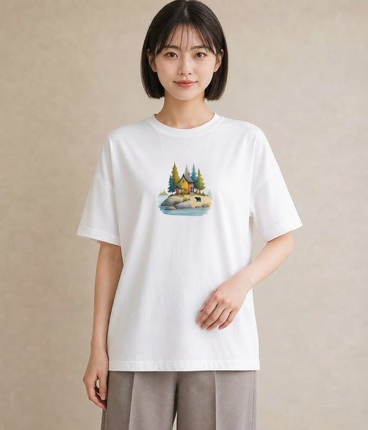 プリントTシャツ レディース 湖畔の小屋 湖 小屋 ナチュラル アンティーク イラスト 抜け感 デート 帰省 白T