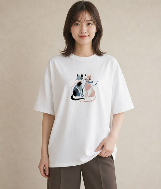グラフィックTシャツ レディース ニャンコ 猫 ねこ イラスト 普段使い ギフト 母の日 白T