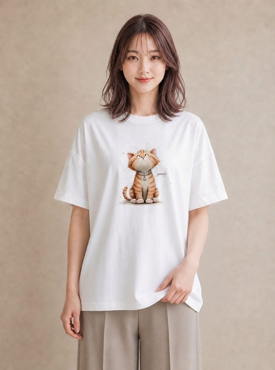 グラフィックTシャツ レディース 猫好き 猫 ねこ イラスト 旅行コーデ ラフ レイヤード 白T