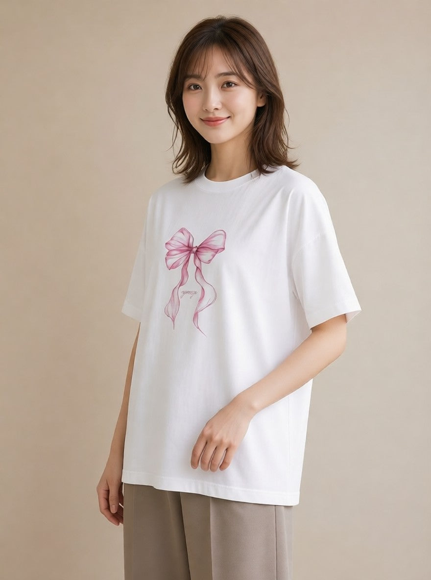 半袖Tシャツ レディース リボン 蝶結び ナチュラル アンティーク イラスト 普段使い 在宅 公園 白T