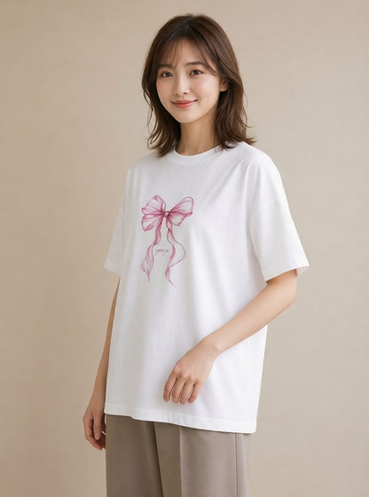 半袖Tシャツ レディース リボン 蝶結び ナチュラル アンティーク イラスト 普段使い 在宅 公園 白T