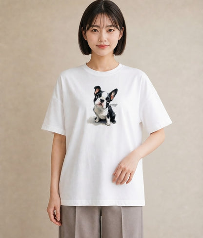 Tシャツ レディース ボストンテリア 犬 いぬ イラスト お洒落 ペアコーデ 秋コーデ 白T