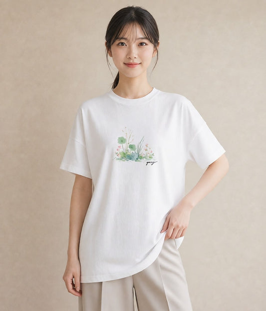 Tシャツ レディース 芝生 植物 ボタニカル イラスト 休日コーデ ホワイトデー 春服 白T